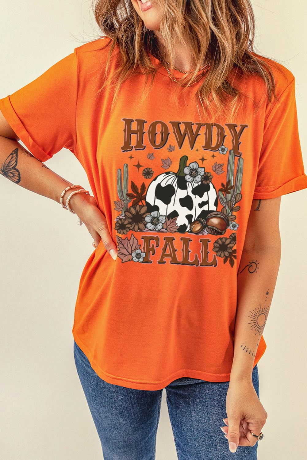 Orange HOWDY FALL Western Pumpkin Graphic T Shirt Graphic Tees JT's Designer Fashion