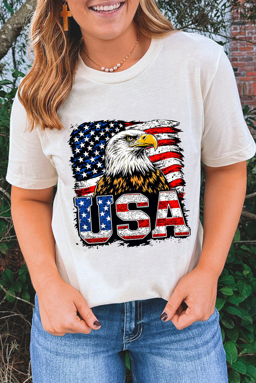White USA Flag Eagle Graphic 4th July T Shirt Graphic Tees JT's Designer Fashion