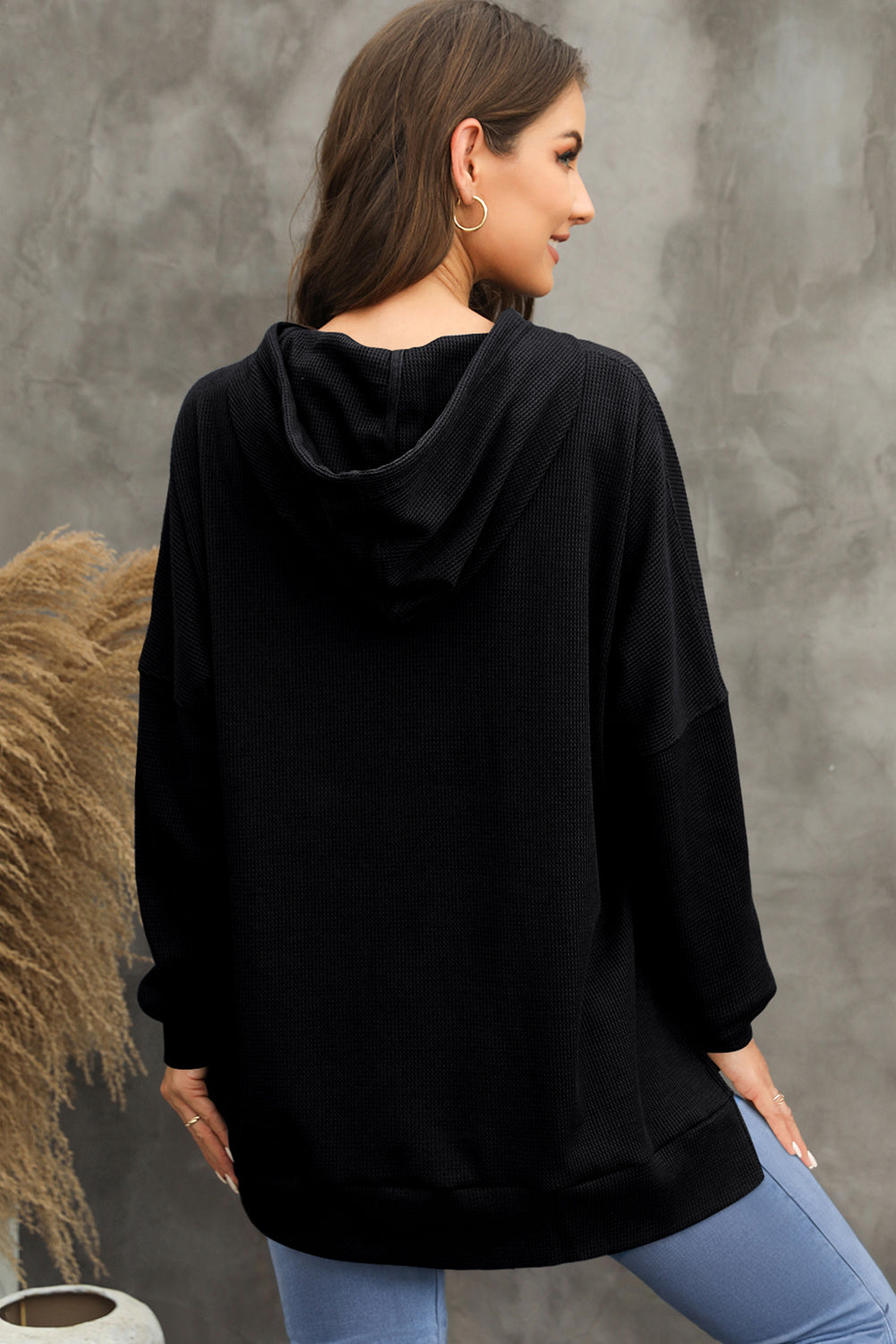 Black Waffle Knit Fleece Lined High Low Oversized Hoodie Sweatshirts & Hoodies JT's Designer Fashion