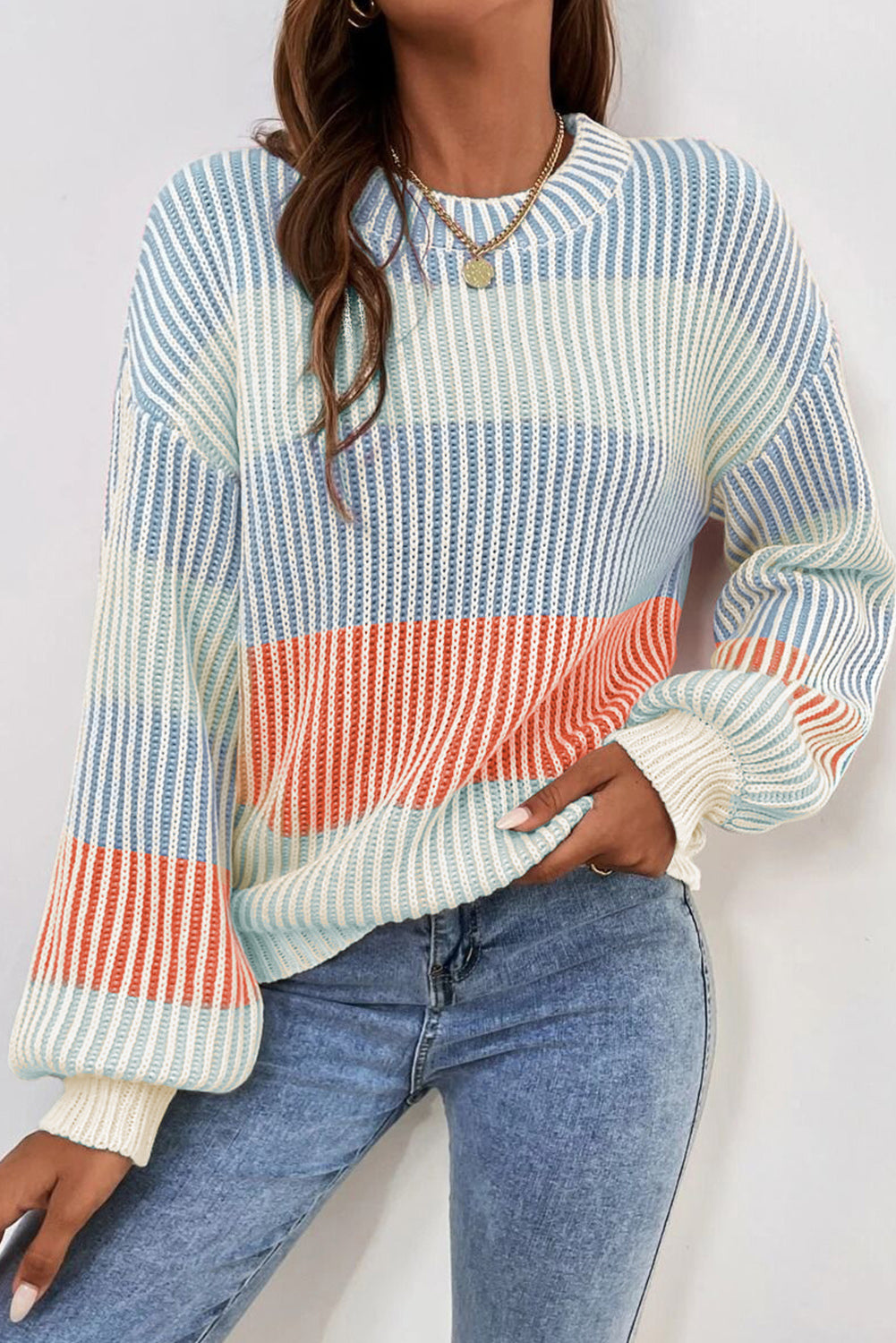 Multicolour Colorblock Textured Knit Bubble Sleeve Sweater Multicolour 60%Cotton+40%Acrylic Sweaters JT's Designer Fashion