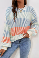 Multicolour Colorblock Textured Knit Bubble Sleeve Sweater Multicolour 60%Cotton+40%Acrylic Sweaters JT's Designer Fashion