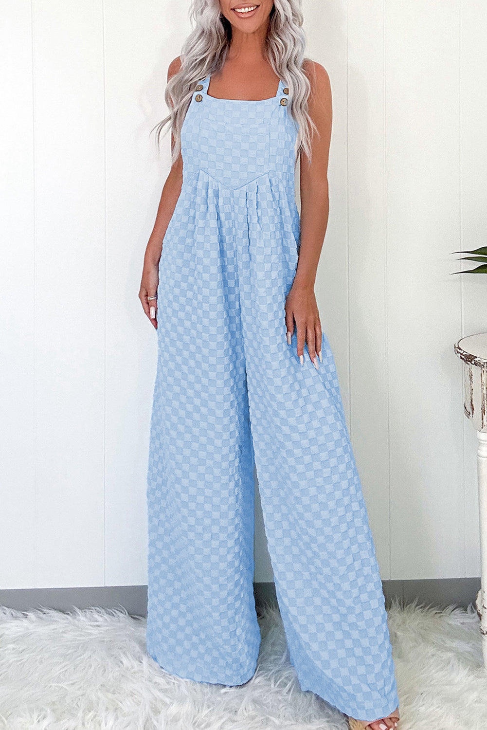 Beau Blue Checkered Pocketed High Waist Wide Leg Overall Jumpsuits & Rompers JT's Designer Fashion