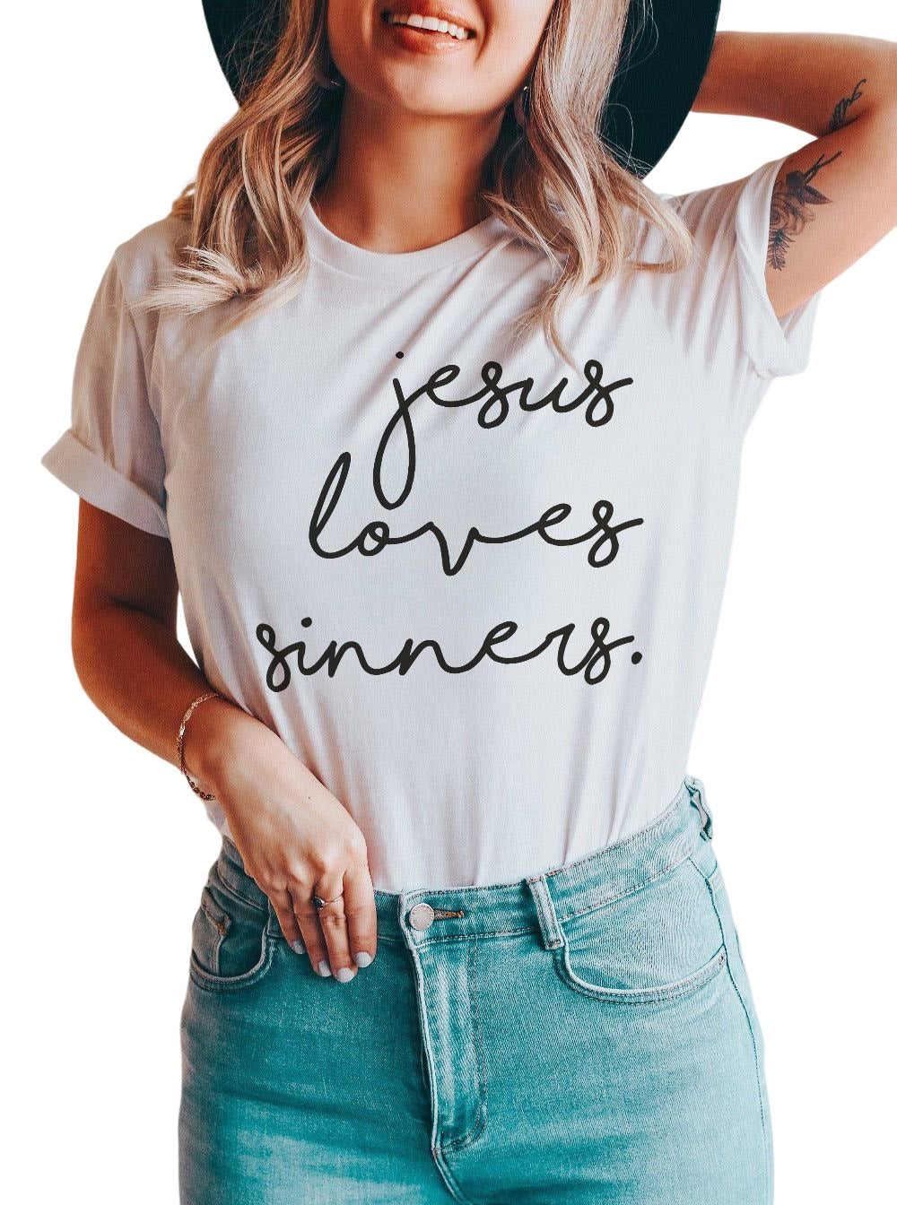 White Jesus Loves Sinners Funny Belief T Shirt Graphic Tees JT's Designer Fashion