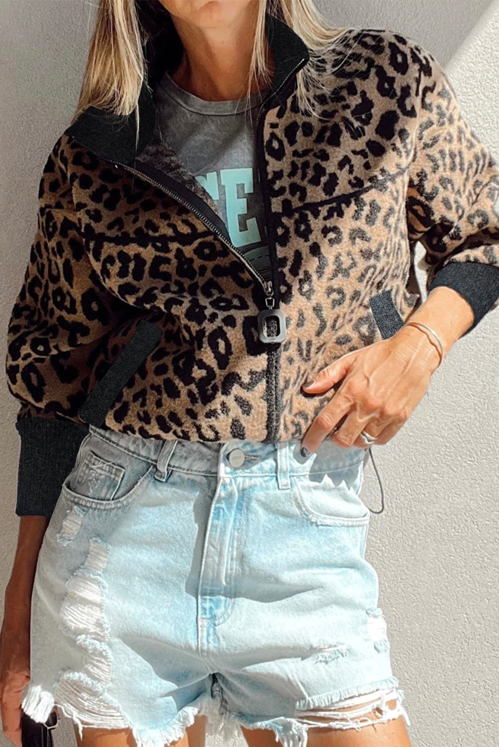 Khaki Leopard Print Zip Up Stand Neck Side Pocket Jacket Jackets JT's Designer Fashion