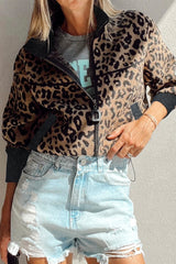 Khaki Leopard Print Zip Up Stand Neck Side Pocket Jacket Jackets JT's Designer Fashion