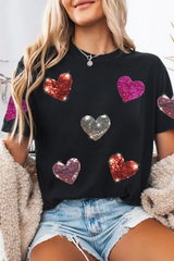 Black Sequin Heart Patched Pattern Crewneck Valentines Tee Graphic Tees JT's Designer Fashion
