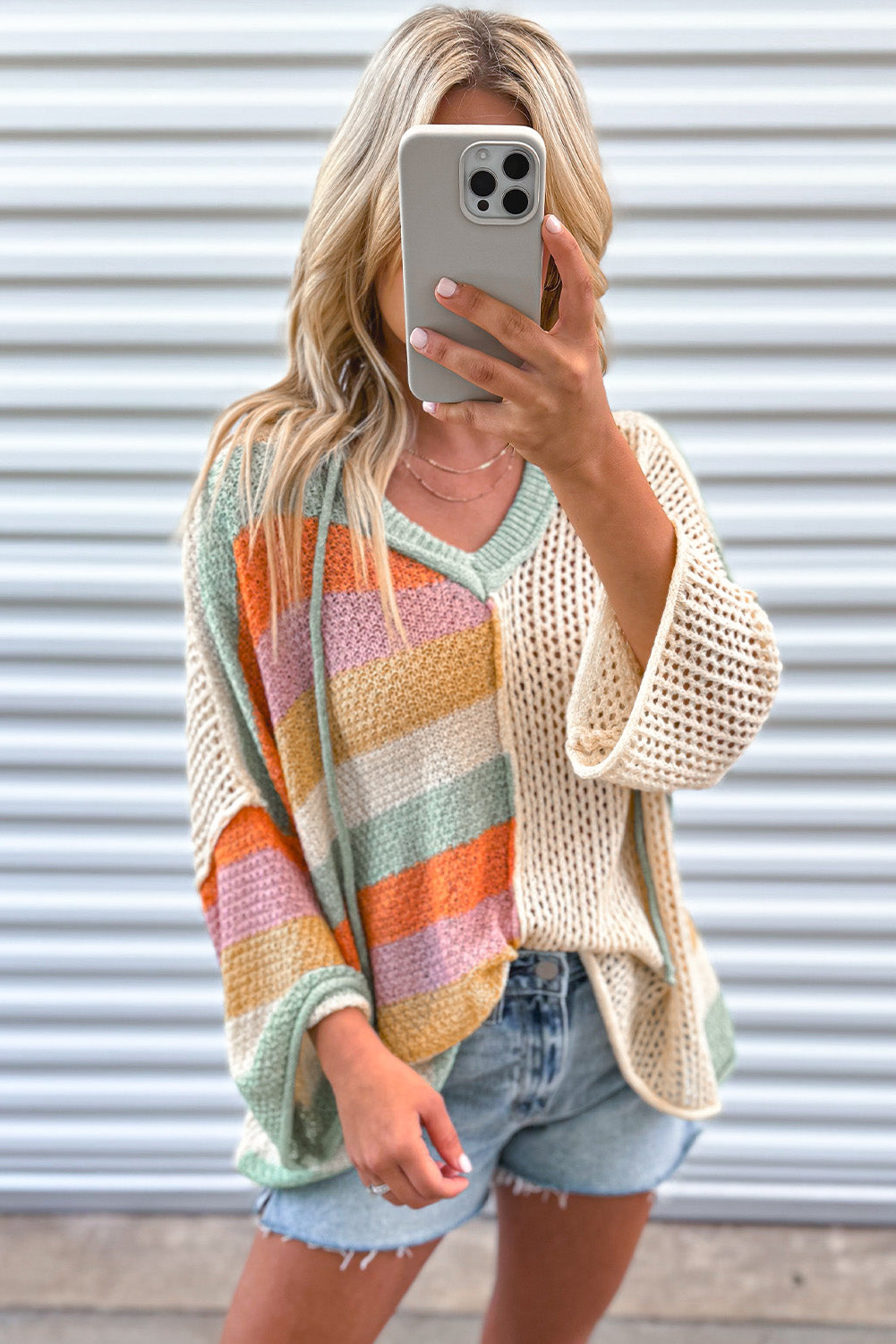 Beige Oversized Colorblock V Neck Hooded Sweater Sweaters & Cardigans JT's Designer Fashion