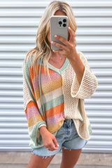 Beige Oversized Colorblock V Neck Hooded Sweater Sweaters & Cardigans JT's Designer Fashion