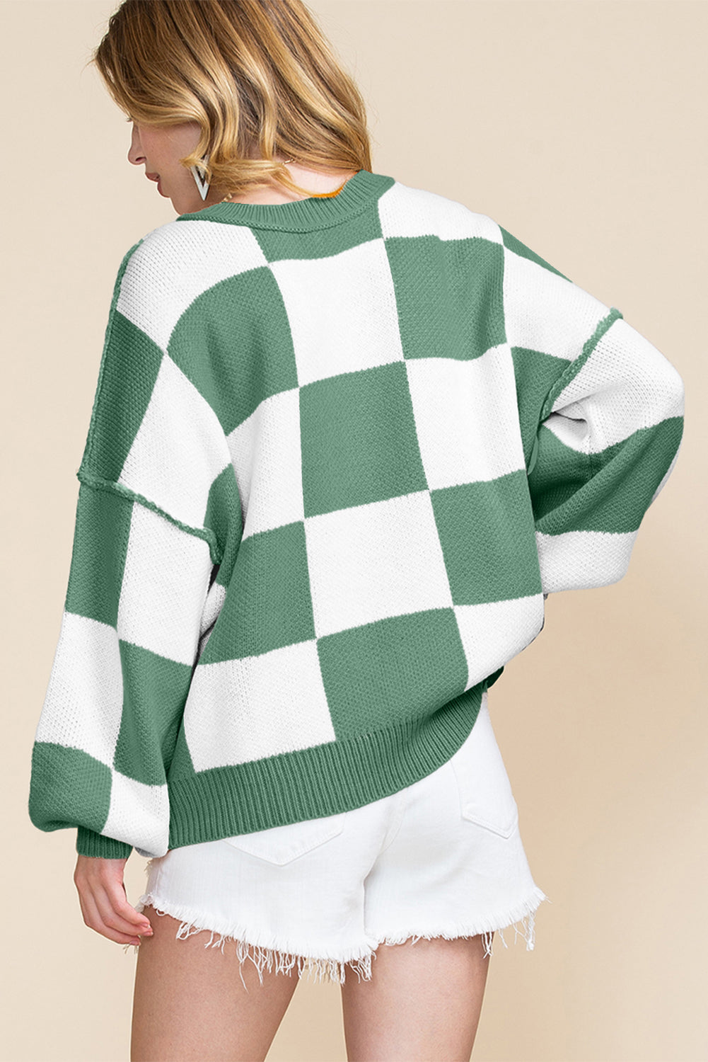 Green Checkered Bishop Sleeve Sweater Sweaters JT's Designer Fashion