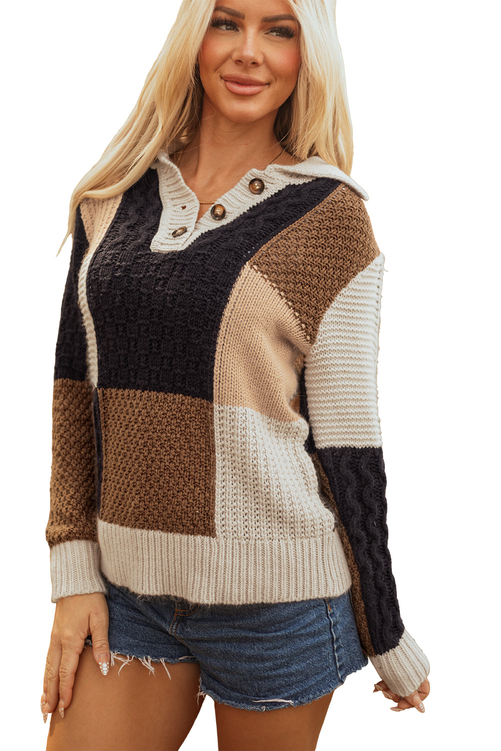 Multicolour Color Block Cable Knit Sleeve Buttons Collared Sweater Sweaters JT's Designer Fashion