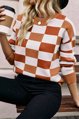 Orange Checkered Ribbed Edge O Neck Drop Shoulder Sweater Orange 50%Viscose+28%Polyester+22%Polyamide Sweaters JT's Designer Fashion