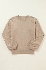 Smoke Gray Pearled Drop Shoulder Round Neck Sweater Sweaters JT's Designer Fashion