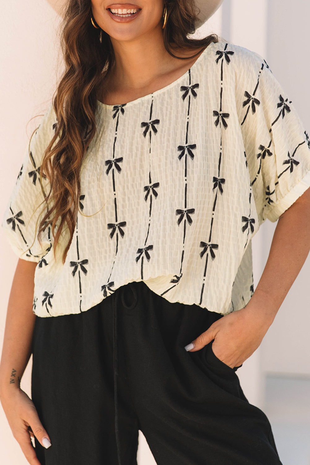 Beige Bow Print Puff Short Sleeve Top Blouses & Shirts JT's Designer Fashion