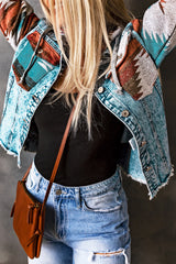 Multicolor Aztec Print Frayed Hem Denim Jacket Denim Jackets JT's Designer Fashion