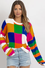 Orange Checkered Color Block Round Neck Loose Sweater Sweaters JT's Designer Fashion