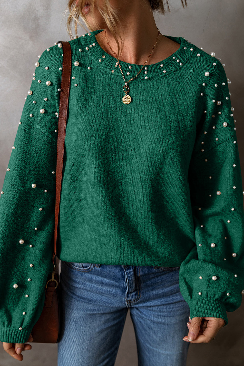 Evergreen Pearled Drop Shoulder Round Neck Sweater Sweaters JT's Designer Fashion