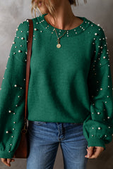 Evergreen Pearled Drop Shoulder Round Neck Sweater Sweaters JT's Designer Fashion