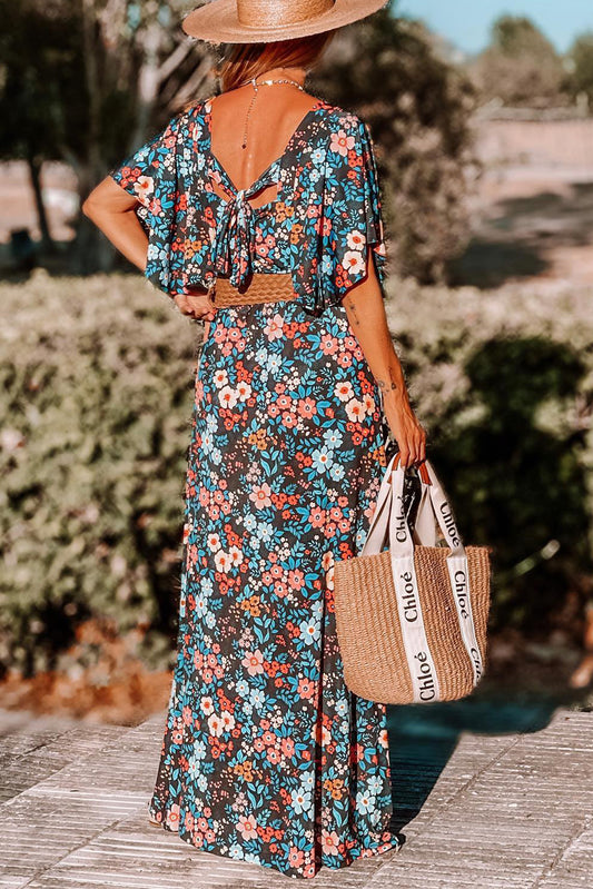 Sky Blue Floral Knotted Back Square Neck Maxi Dress Floral Dresses JT's Designer Fashion