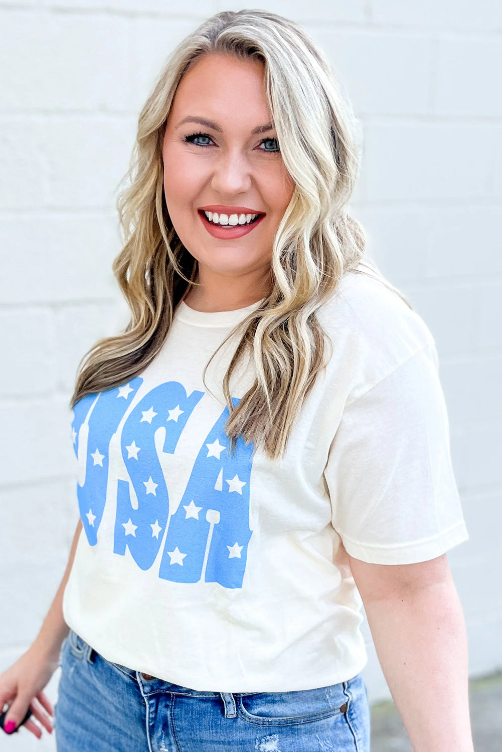 Sky Blue USA Graphic Crewneck Plus Size Patriotic Tee Plus Size Tops & Tees JT's Designer Fashion