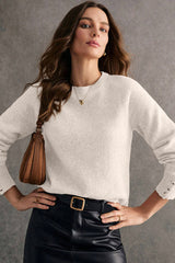 White Buttoned Bishop Sleeve Crew Neck Sweater Sweaters JT's Designer Fashion