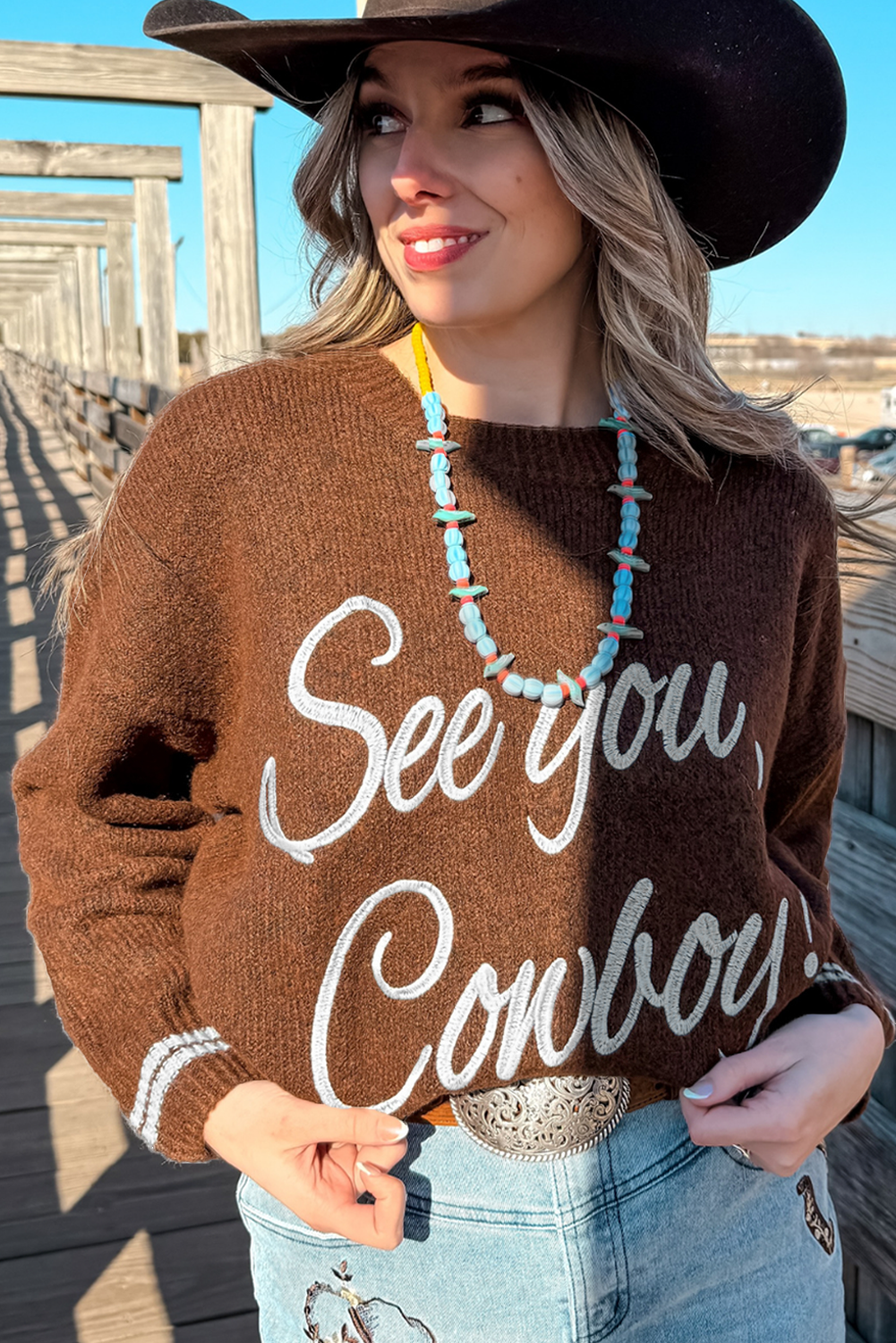 Coffee See You Cowboy Embroidered Western Graphic Sweater Sweaters JT's Designer Fashion