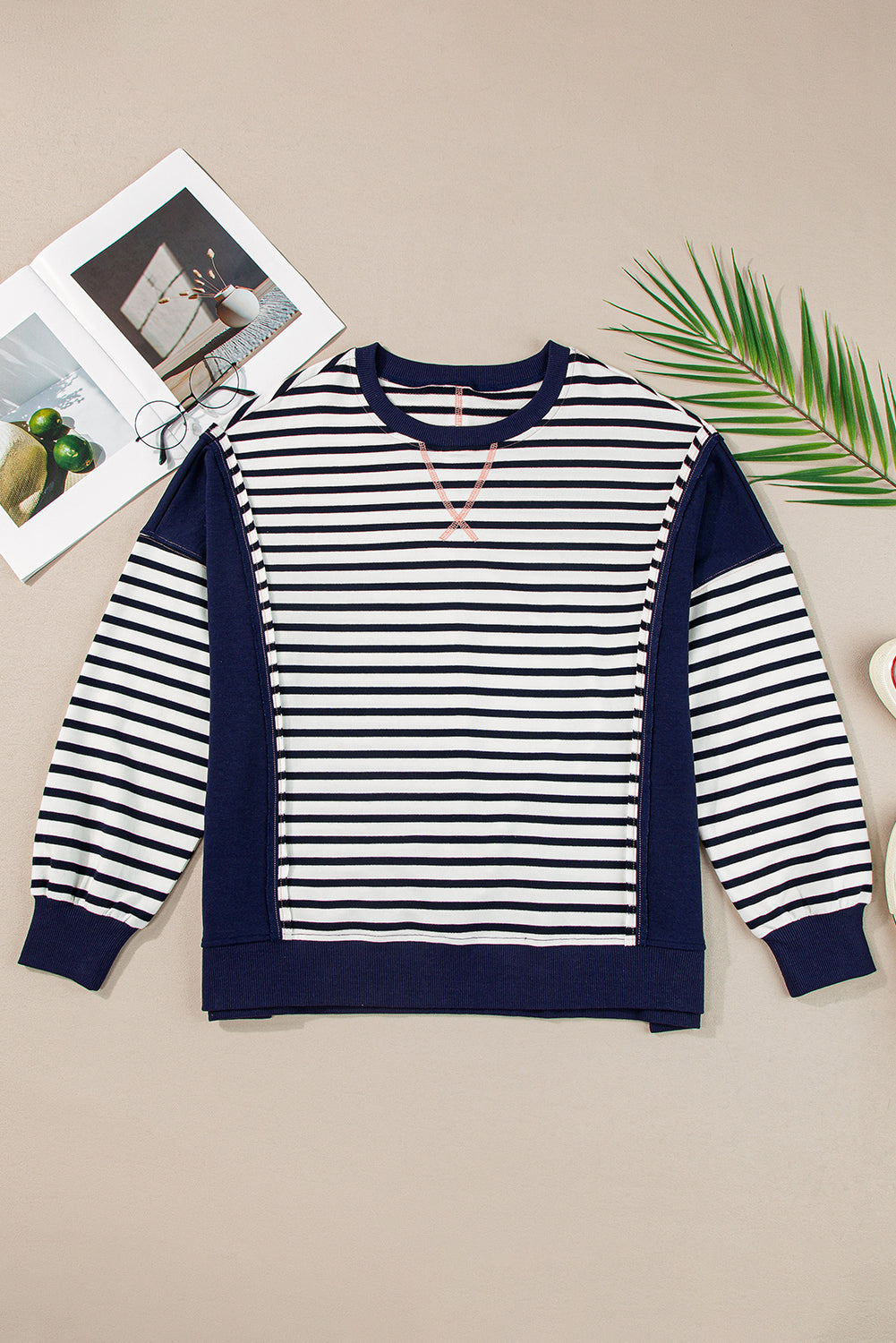 White Stripe Color Block Exposed Seam Loose Fit Sweatshirt Sweatshirts & Hoodies JT's Designer Fashion