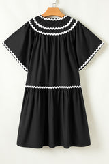 Black Contrast Ricrac Trim Short Sleeve V Neck Loose Mini Dress Mini Dresses JT's Designer Fashion
