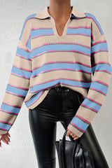 Apricot Stripe Collared V Neck Drop Shoulder Loose Sweater Sweaters JT's Designer Fashion