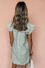 Green Stripe Frilled Sleeveless Collar Front Pocket Button Up Mini Dress Mini Dresses JT's Designer Fashion
