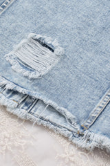 Sky Blue Lapel Distressed Raw Hem Buttons Denim Jacket Denim Jackets JT's Designer Fashion