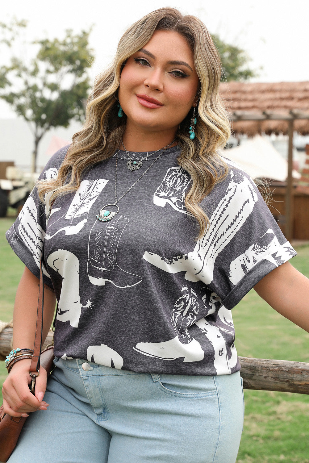 Gray Plus Size Western Boots Print Crew Neck T Shirt Plus Size Tops & Tees JT's Designer Fashion