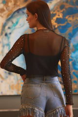 Black Rhinestone Sheer Mesh Slim Fit Long Sleeve Top Long Sleeve Tops JT's Designer Fashion