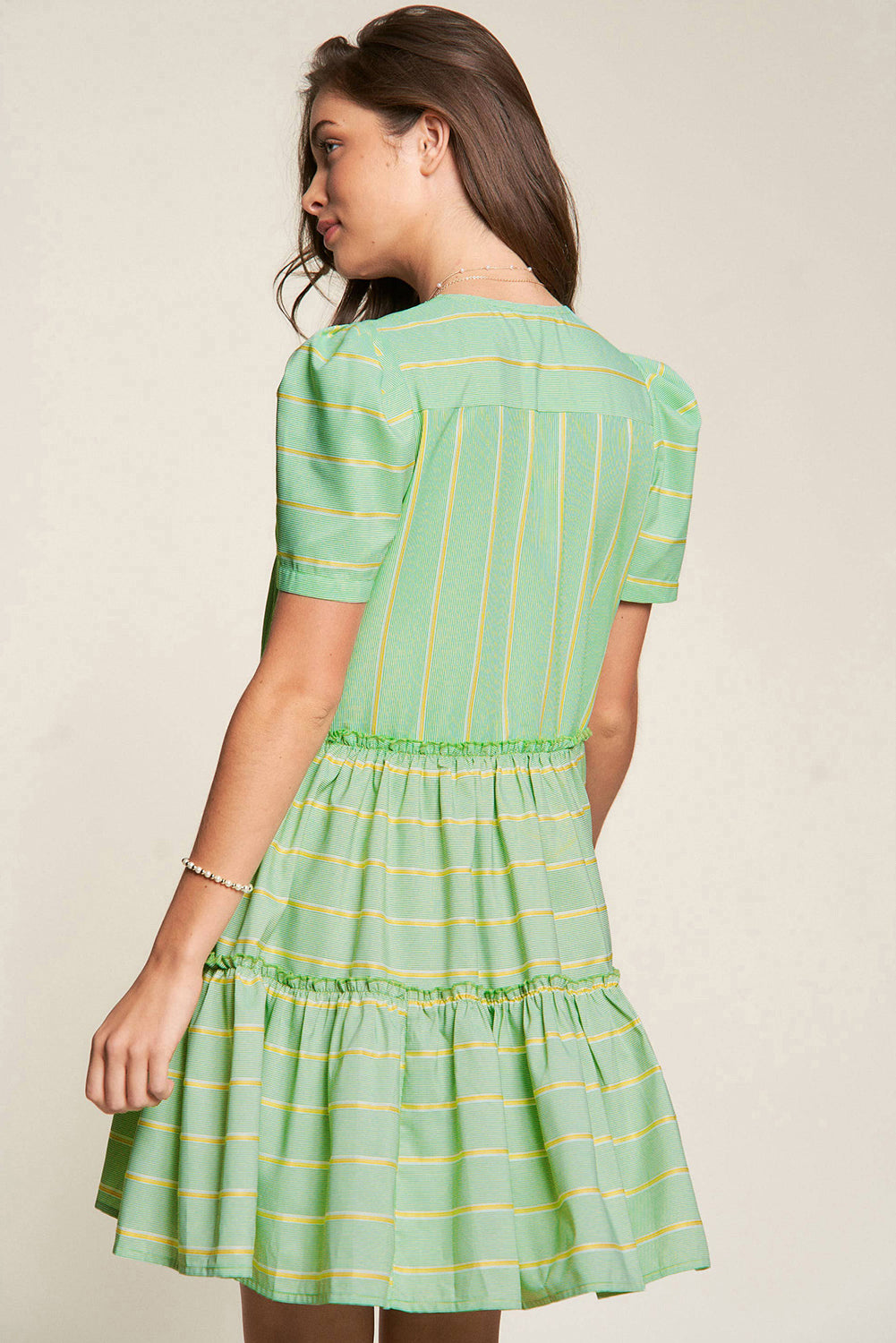 Green Stripe V Neck Short Sleeve Frilled Detail A-line Dress Dresses JT's Designer Fashion