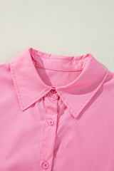 Bright Pink Balloon Sleeve Button Up Mini Shirt Dress Mini Dresses JT's Designer Fashion