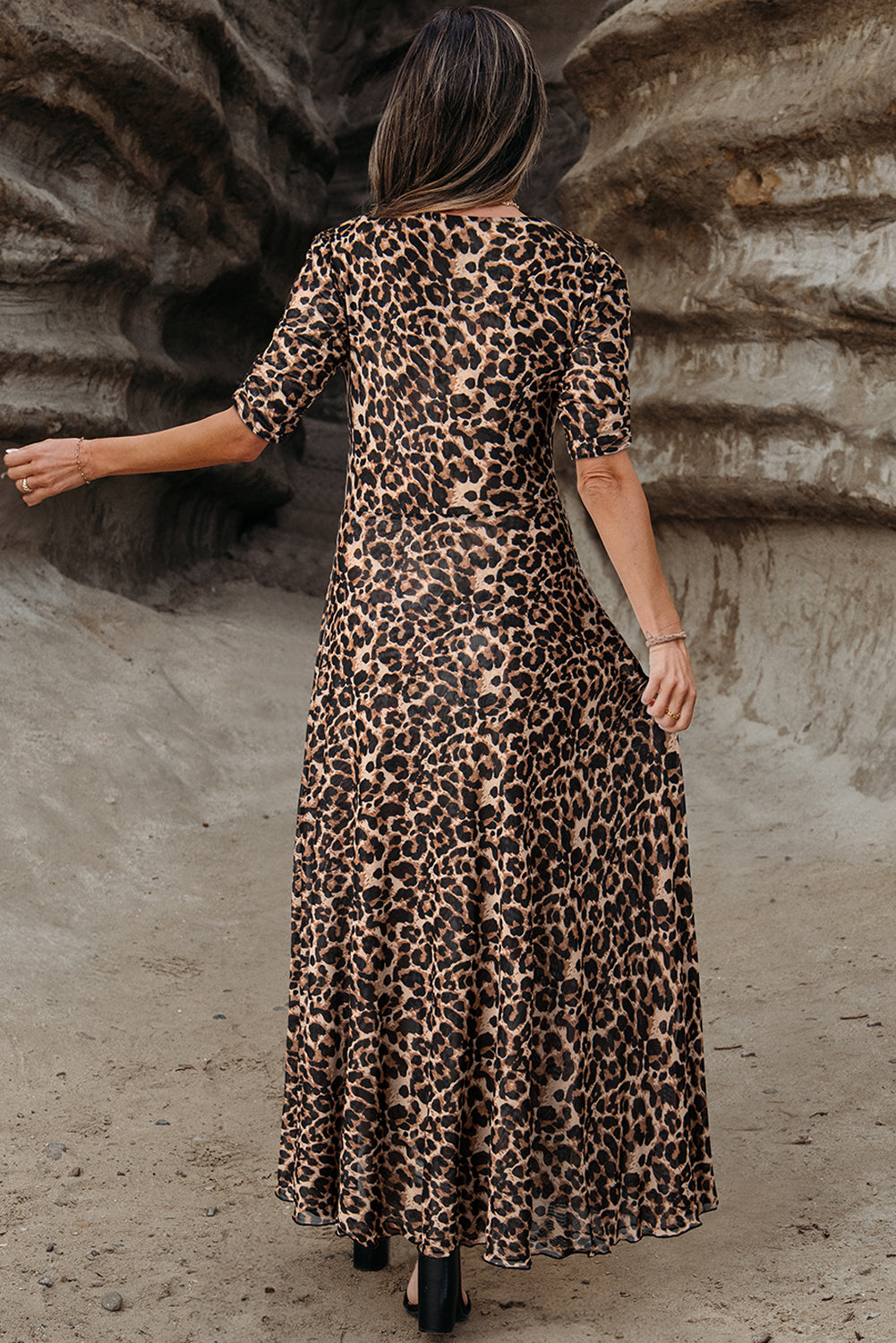 Brown Mesh Leopard Floral Reversible V Neck Short Sleeve Dress Dresses JT's Designer Fashion