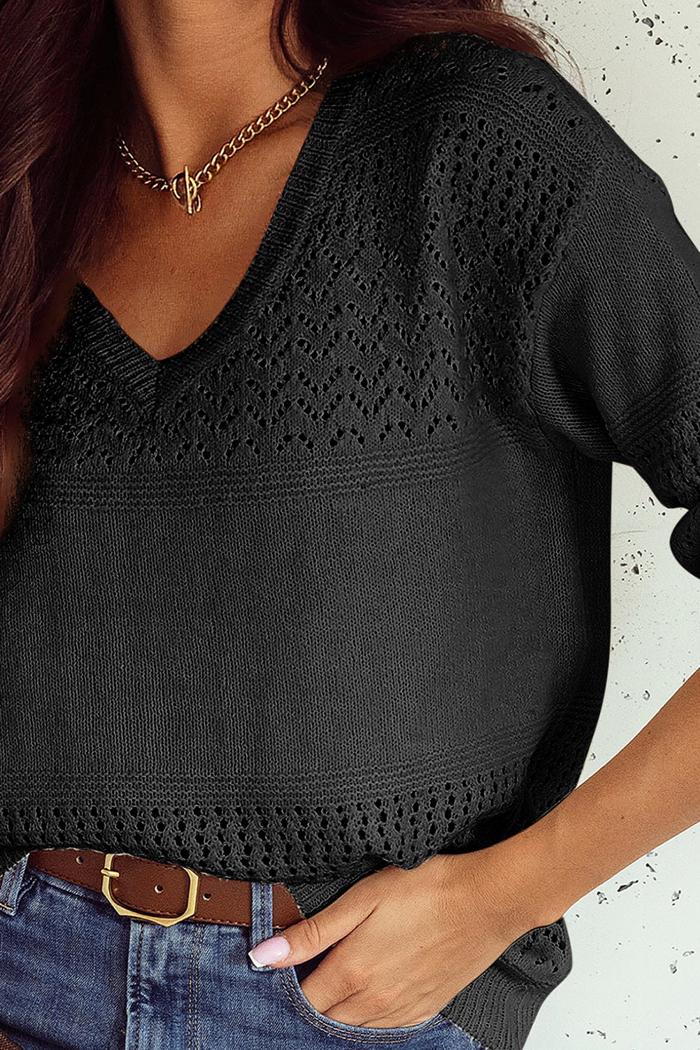 Black Eyelet Pattern Detail V Neck Drop Shoulder Sweater Sweaters JT's Designer Fashion
