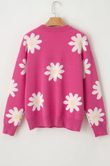Bright Pink Daisy Flower Crew Neck Long Sleeve Sweater Sweaters JT's Designer Fashion