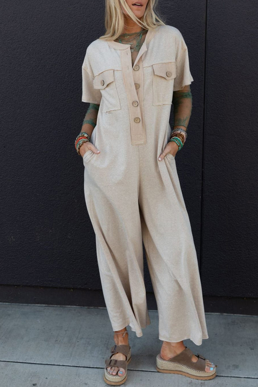 Jet Stream Half Placket Chest Pockets Short Sleeve Wide Leg Jumpsuit Bottoms JT's Designer Fashion