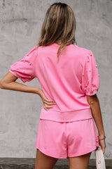 Pink Contrast Bow Trim Pearl Puff Sleeve Blouse and Skort 2pcs Set Short Sets JT's Designer Fashion