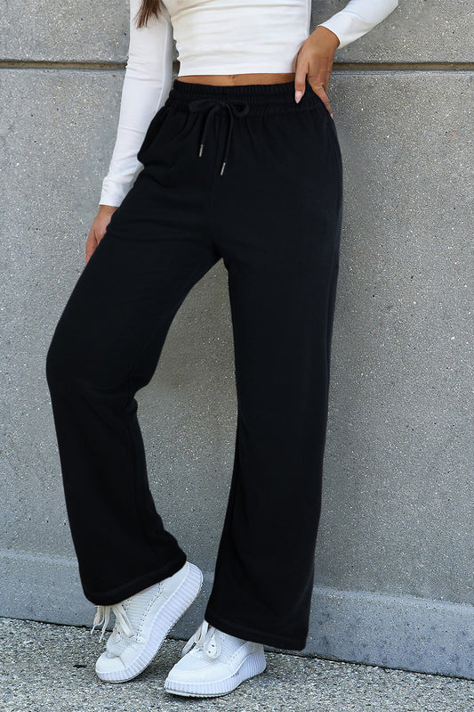 Black Solid Color Fleece Lined Drawstring Waist Casual Pants Pants & Culotte JT's Designer Fashion