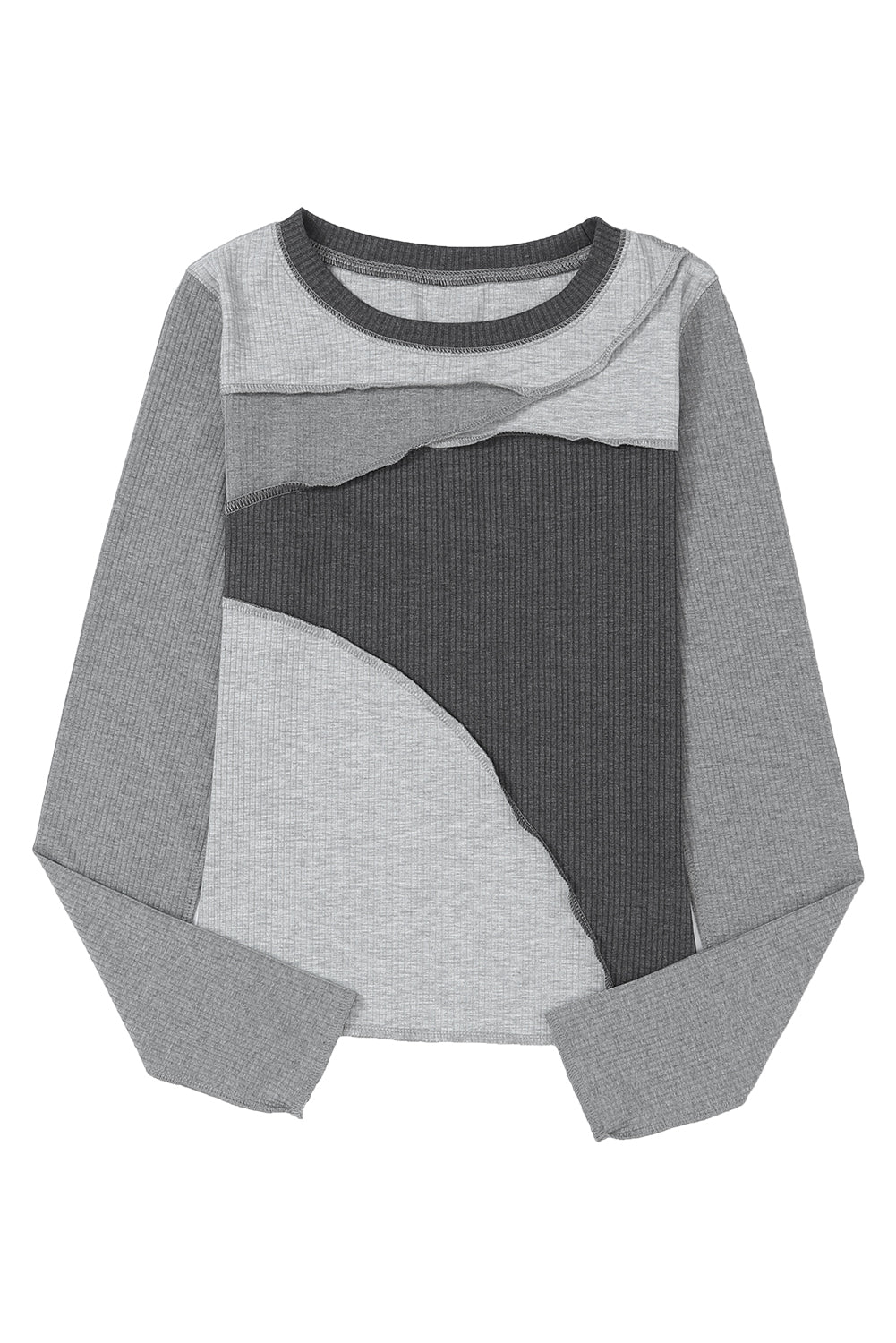 Gray Expose Seam Color Block Ribbed Knit Top Long Sleeve Tops JT's Designer Fashion