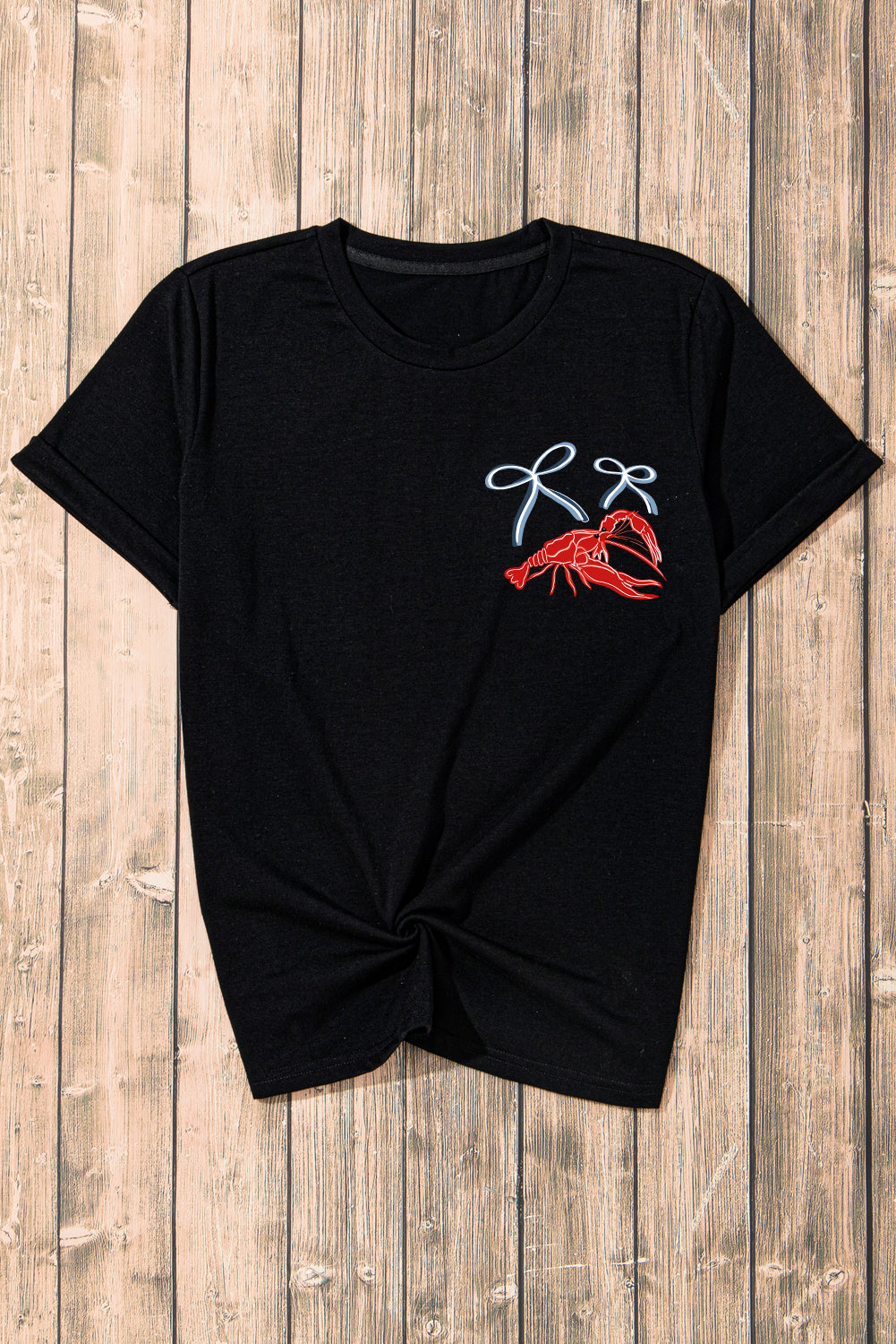 Black Girlie Bow Crawfish Printed T Shirt Graphic Tees JT's Designer Fashion