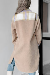 Smoke Gray Plaid Patchwork Collared Button-up Sherpa Long Coat Coats JT's Designer Fashion