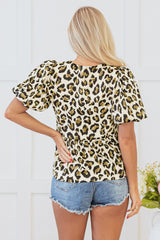 Apricot Leopard Bubble Sleeve Bow Tie Front Peplum Blouse Blouses & Shirts JT's Designer Fashion