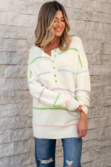 White Rainbow Stripes Drop Shoulder Baggy Henley Sweater Sweaters JT's Designer Fashion