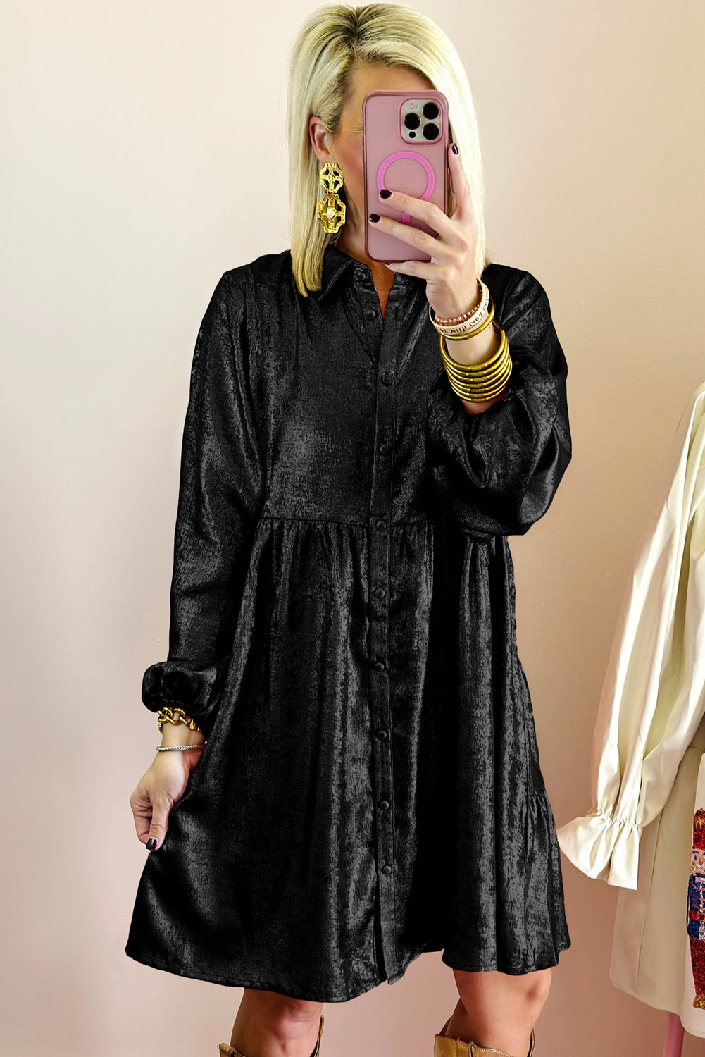 Black Metallic Sheen Puff Sleeve Button Up Mini Shirt Dress Mini Dresses JT's Designer Fashion