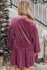 Meadow Mauve Plus Size Textured Velvet Tiered Buttons Tiered Dress Plus Size Mini Dresses JT's Designer Fashion