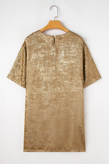 Gold Metallic Luster Crewneck Mini T-Shirt Dress T Shirt Dresses JT's Designer Fashion