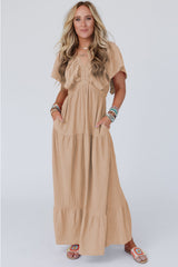 Parchment Textured V Neck Flutter Sleeve Ruffled Long Dress Maxi Dresses JT's Designer Fashion