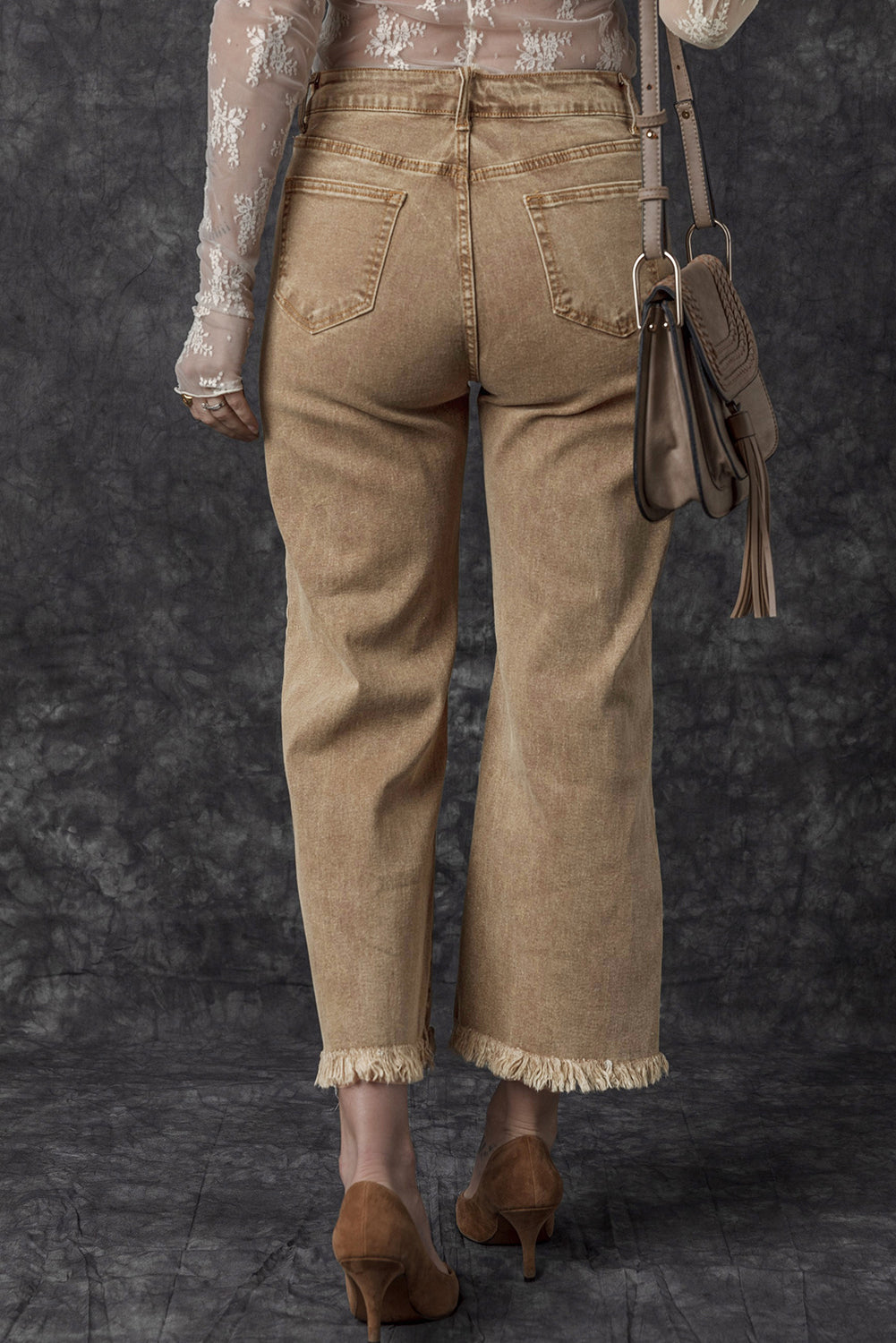 Light French Beige Acid Washed High Rise Cropped Wide Leg Jeans Jeans JT's Designer Fashion